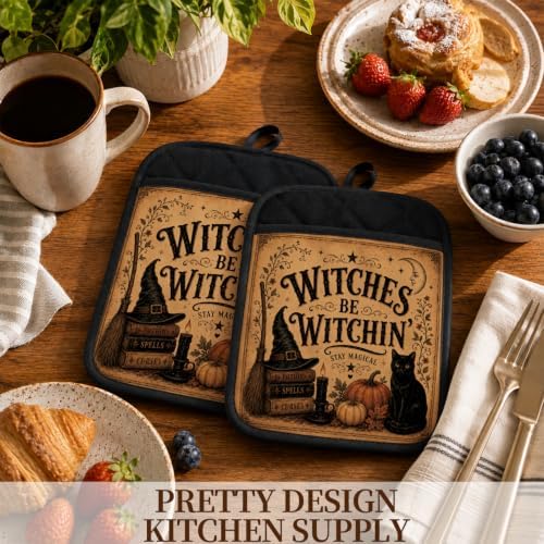 Witchy Halloween Black Cat Pot Holders for Kitchen 2 Pack Set