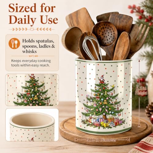 Christmas Tree Green Kitchen Utensil Holder, Xmas Winter Large Ceramic Utensil Holder For Countertop Organizer, 6.3'' Cooking Utensil Crocks Festivel Decor Utensil Storage Cup for Kitchen
