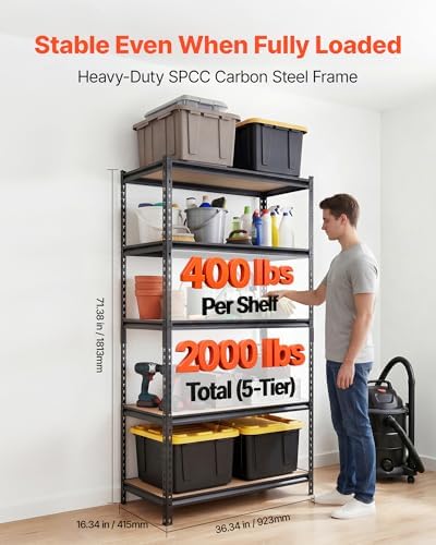 VEVOR Storage Shelves, 5-Tier Adjustable, 2000 lbs Capacity, Heavy Duty Garage Storage Shelving Unit, Metal Utility Rack Shelf, for Garage Warehouse Basement Kitchen, 36.34" W x 16.34" D x 71.38" H