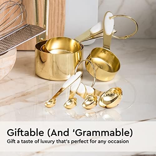 White and Gold Measuring Cups and Spoons Set – 8-Piece Stackable Stainless Steel Measuring Set – Stylish Gold Kitchen Accessories for Precise Baking and Cooking, Ideal Gift for Bakers and Chefs