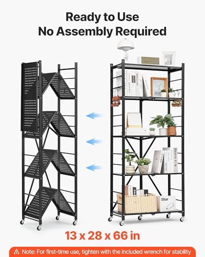 VEVOR 5-Tier Foldable Storage Shelf, 28W x 13D x 66H Inch Folding Metal Rack Shelving Unit, No Assembly Organizer Shelf with 5 Wheels & 4 Hooks for Pantry, Kitchen, Garage, Basement, Black