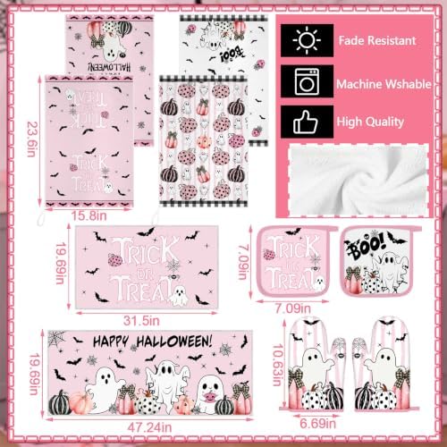 Fanfanwin 10 Pcs Halloween Kitchen Decor Pink Ghost Kitchen Rugs Set