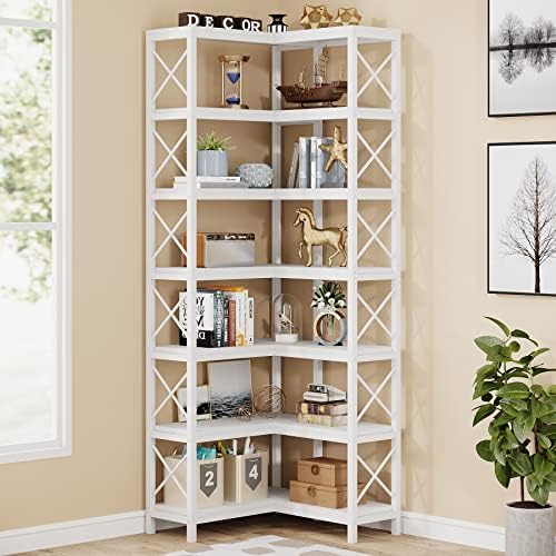 Tribesigns 7-Shelf Corner Bookshelf,Large Modern Corner Bookcase, 7-Tier Tall Corner Shelf Storage Display Rack with Metal Frame for Living Room Home Office (White)