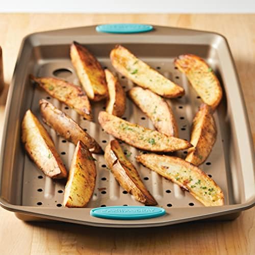 Rachael Ray Cucina Nonstick Bakeware Set with Grips, Nonstick Cookie Sheet / Baking Sheet and Crisper Pan - 2 Piece, Latte Brown with Agave Blue Handle Grips