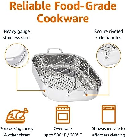 Amazon Basics Stainless Steel Rectangular Roasting Pan with Rack, Turkey Roaster, Dishwasher Safe, Easy to Clean, Oven Safe, 16 in