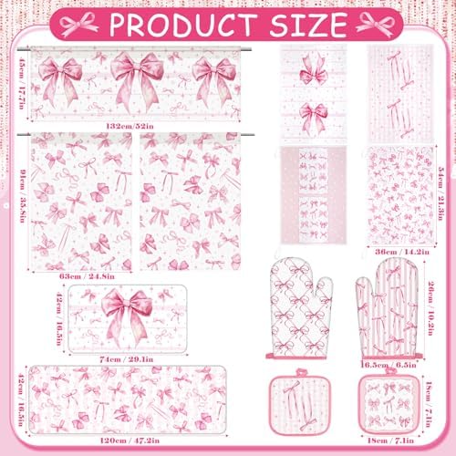 13 Pcs Pink Bow Kitchen Decor Set 3 Coquette Kitchen Curtains Valance 2 Aesthetic Rugs and Mats 4 Girly Hand Towels 2 Pink Pot Holders 2 Oven Mitts for Home Decor Cooking Grilling Housewarming Gift