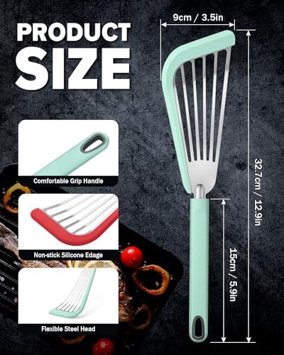 Fish Spatula Turner,Thin Slotted,Stainless Steel With Silicone Edge,2 Pack