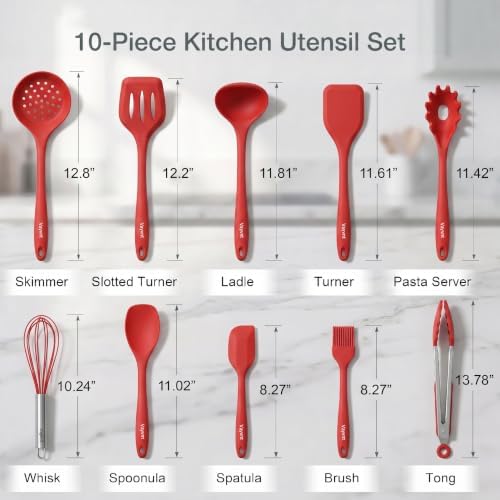 Vayvnt Cooking Utensils Set Silicone, 10PC Kitchen Utensil for Cooking, Red