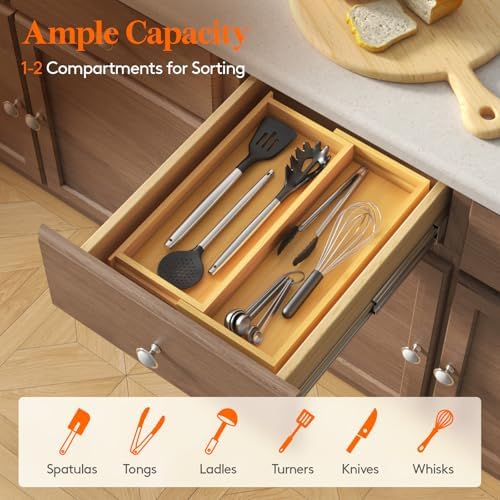Lifewit Bamboo Utensil Organizer for Kitchen Drawer, Cooking Utensil Tray