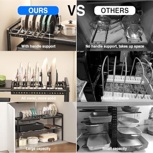 Mustorn Pots and Pans Organizer Under Cabinet, Expandable 2 Tier Under Sink Organizers and Storage Adjustable Height Kitchen Pot and Pan Lid Holder Rack with 12 Dividers Under Cabinet Shelf(Black)