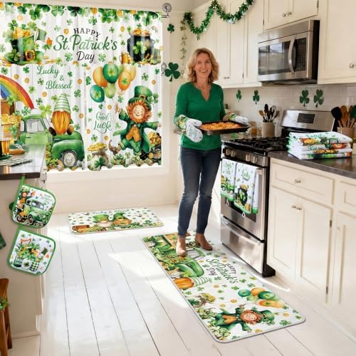 13 Pcs St. Patrick's Day Kitchen Decor Set 3 Shamrock Kitchen Curtains Valance 2 Irish Rugs and Mats 4 Hand Towels 2 Pot Holders 2 Oven Mitts for Home Decor Cooking Grilling Housewarming Gift