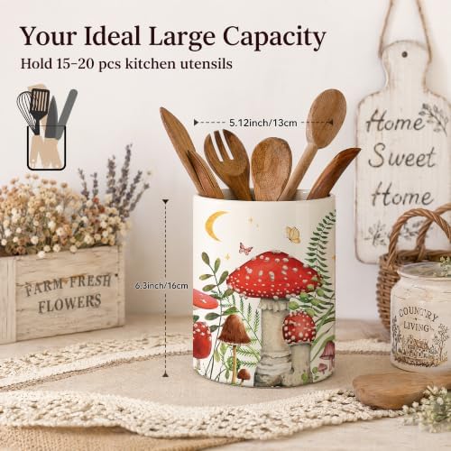 Mushroom Ceramic Utensil Crock, Hand-Painted Forest Mushroom Kitchen Utensil Holder, Farmhouse Countertop Storage Caddy, Kitchen Decor Organizer for Spatulas, Baking Tools & Multi-Room Display
