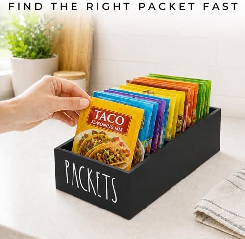 Seasoning Packet Organizer, Pantry Organizer, Food Packet Storage Organizers, Modern Farmhouse Kitchen Organization Bins for Food Mixes, Spices, Gravy, Taco, and Dressings Packets (Black)