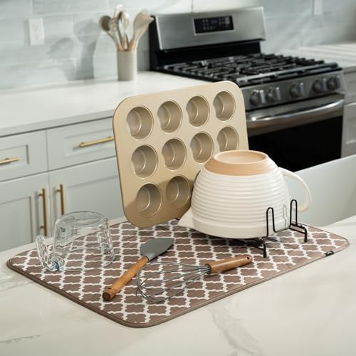 S&T INC. Dish Drying Mat, 18" x 24", XL, Tan Trellis