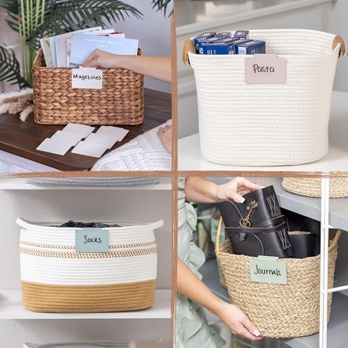 Hygge & Sage: Metal Non-Slip Basket Labels Clip On for Storage Bins, or Wire Racks | Includes 8 Labels, 8 Non-Slip Pads, and 1 Free Marker (White)