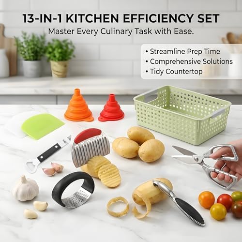 13-Piece Kitchen Gadget Set (Includes Storage Basket) — Features Kitchen Shears, Garlic Press, Knife Sharpener, Julienne Peeler, Standard Peeler, Anti-Scald Tongs (13 PCS-B)