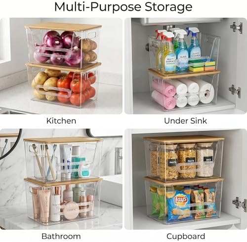 2 Pack Pantry Organizer and Storage with Bamboo Lid, Stackable Trash Bag Dispenser Under Sink Organizer for 4-33 Gal Bags, Pantry Organizers Storage for Onion, Potato, Fruit, Vegetable, Snack
