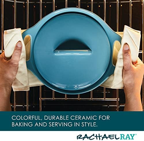 Rachael Ray Solid Glaze Ceramics Casserole Bakeware/Baker Set with Shared Lid, 3 Piece, Agave Blue