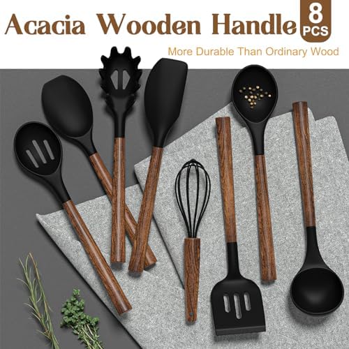 Silicone Cooking Utensil Set, Umite Chef 8-Piece Kitchen Utensils Set with Natural Acacia Wooden Handles,Food-Grade-Silicone Kitchen Gadgets Spatulas Set for Nonstick Cookware- Black