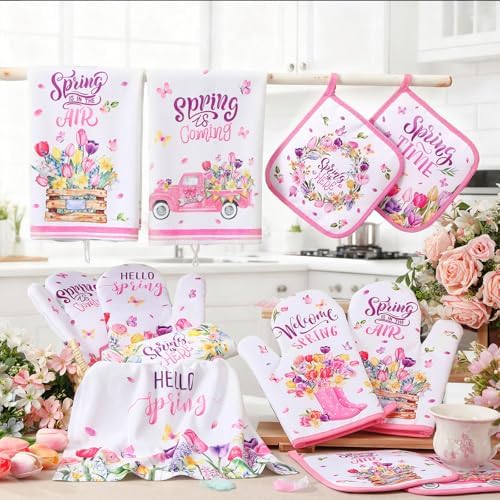 SiliFine 12 Pcs Spring Kitchen Accessories Set Floral Kitchen Towels Oven Mitts and Pot Holders, Hello Spring Decorations with Tulips and Trucks for Cooking, Baking, Home Decorations