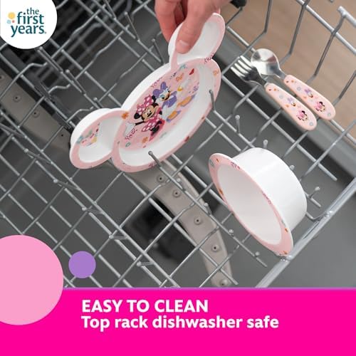 The First Years Disney Minnie Mouse Kids Dinnerware Set - Includes Toddler Plate, Bowl, Fork, and Spoon - Baby Led Weaning Supplies - 4 Count- Ages 9 Months and Up, Small (Pack of 12)