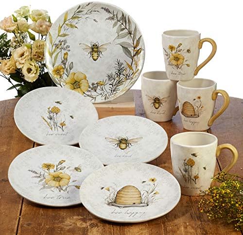 Bee Sweet 8.5" Ceramic Salad & Dessert Plates, Set of 4 – Assorted Bee & Floral Designs with Uplifting Sayings, Cottagecore Tableware for Spring, Brunch, and Everyday Dining