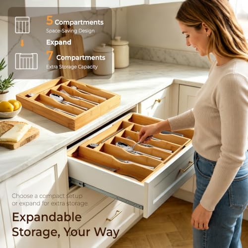 Expandable Bamboo Kitchen Drawer Organizer for Cutlery and Utensils, Adjustable Bamboo Wood Cutlery Tray in Drawer for Flatware and Silverware in Kitchen, (Natural)