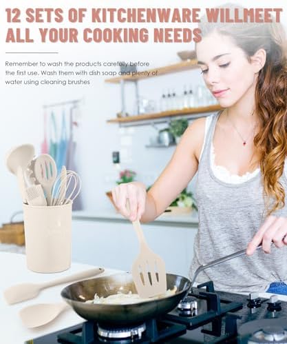 Khaki Kitchen Utensils Set-12 Pieces Silicone Cooking Utensils Set