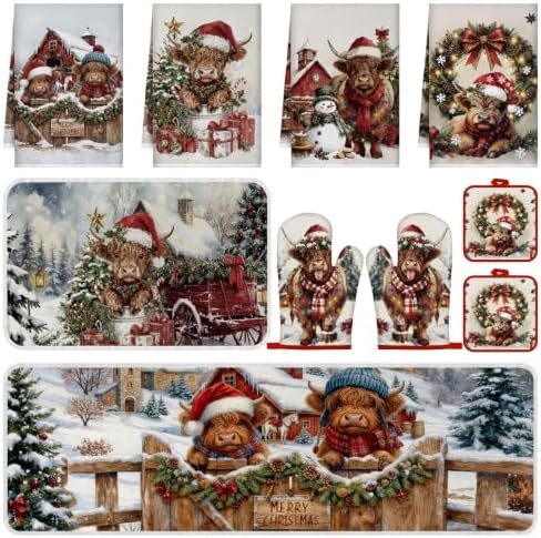 Fanfanwin 10 Pcs Christmas Highland Cow Kitchen Decor and Accessories Set Farmhouse Rustic Kitchen Towels Pot Holders Oven Mitts Rugs and Tape for Baking Cooking BBQ Housewarming Gifts