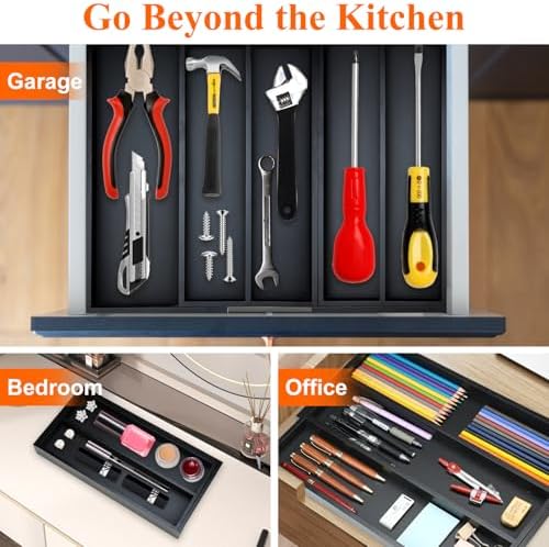 Expandable Black Bamboo Kitchen Utensils Drawer Organizer Silverware Tray