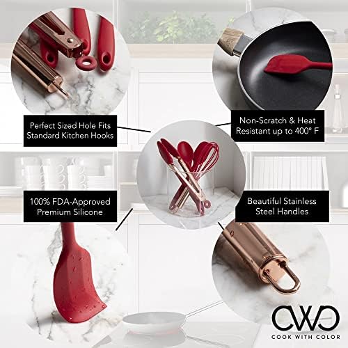 COOK WITH COLOR Silicone Cooking Utensils, Kitchen Utensil Set, Easy to Clean Silicone Kitchen Utensils, Cooking Utensils for Nonstick Cookware, Kitchen Gadgets Set, Mini, Red