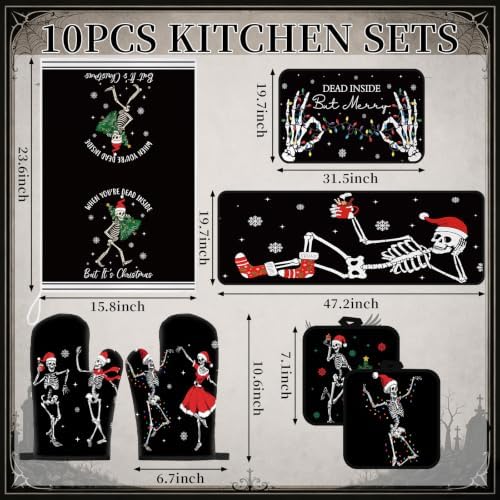 Fanfanwin 10 Pcs Christmas Skeleton Kitchen Decor and Accessories Set Kitchen Towels Pot Holders Oven Mitts Rugs and Tape for Baking Cooking BBQ Festive Housewarming Gifts