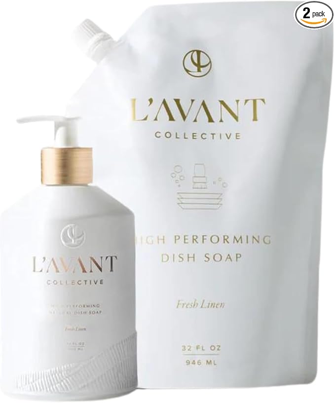 L'AVANT Collective Dish Soap and Refill Bundle, Fresh Linen, Glass Bottle | Dish soap and refill bundle, aloe leaf juice, fresh linen scent, bamboo, ylang ylang, jasmine, geranium, sage, glass bottle