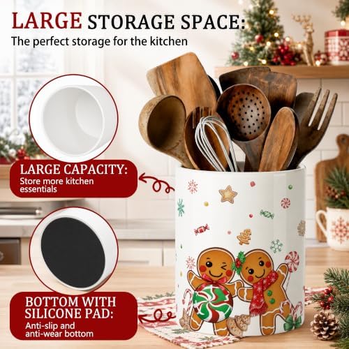 Christmas Gingerbread Man Ceramic Utensil Crock, Farmhouse Xmas Kitchen Utensil Holder, Countertop Storage Organizer, Christmas Decor Caddy for Spatulas, Baking Gadgets & Cooking Tools