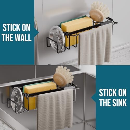 TAILI 4-in-1 Sponge Holder for Kitchen Sink with Strong Suction Cup-Black