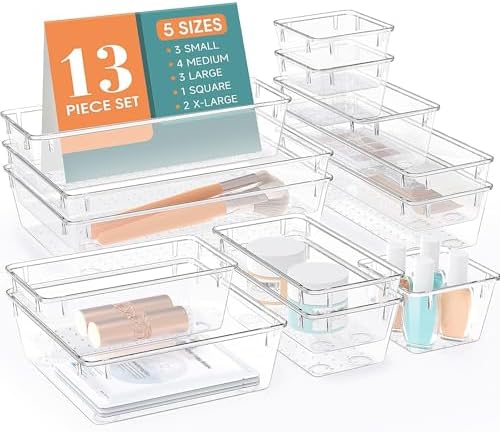 13 PCS Drawer Organizer Set, 5 Size Bathroom and kitchen organizer Trays
