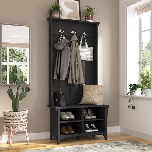 Bush Home Salinas Hall Tree with Shoe Storage Bench in Vintage Black, Multi-Purpose Home Organizer, Entryway Solution with Seating and Hooks