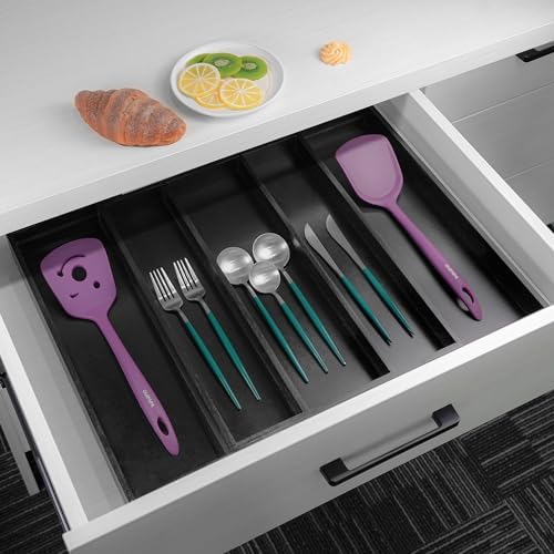 Utoplike Bamboo Drawer Organizer Kitchen Utensils, Silverware Tray Black