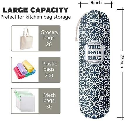 HiLus Bag Holder, Blue Fabric Grocery Bags Holder Organizer, Wall Mount Plastic Bags Storage Container Dispenser, Kitchen Storage & Organization Product Accessories