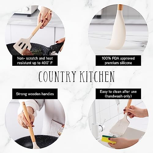 Country Kitchen Non Stick Silicone Utensil Set with Rounded Wood Handles for Cooking and Baking, 14 Piece Set, Khaki