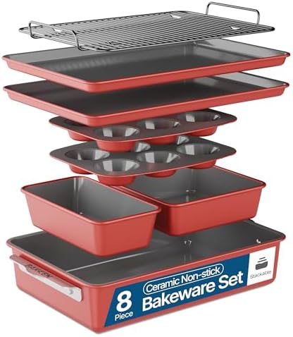 Bakken 8-Piece Ceramic Coated Bakeware Sets, Nonstick Aluminized Steel Pans with Muffin, Loaf, Cake, Roasting Pan, & Cooling Rack, Oven Safe Up To 500°F, Dishwasher Safe, BPA, PTFE & PFAS Free, Pink