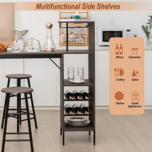 COSTWAY 3 Pieces Bar Table and Chair Set, Industrial Pub Table & Stools with Wine Glass Holders & 6-Bottle Wine Racks, Counter Height Dining Table Set for Living Room Dining Room Kitchen, Brown