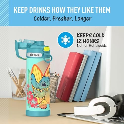 THERMOS FUNTAINER 16 Ounce Stainless Steel Vacuum Insulated Bottle with Wide Spout Lid, Stitch (Pack of 6)