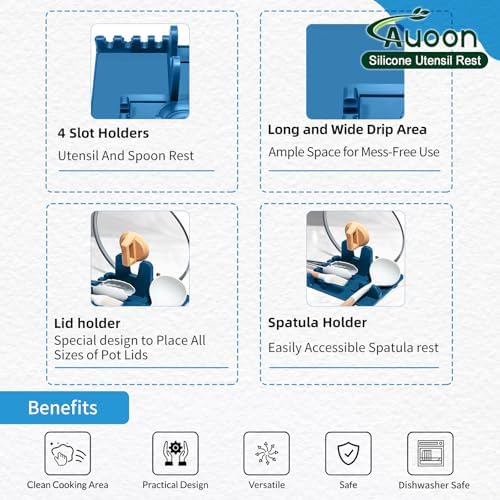 AUOON Silicone Utensil Rest with Lid Holder, Large, Fog Blue