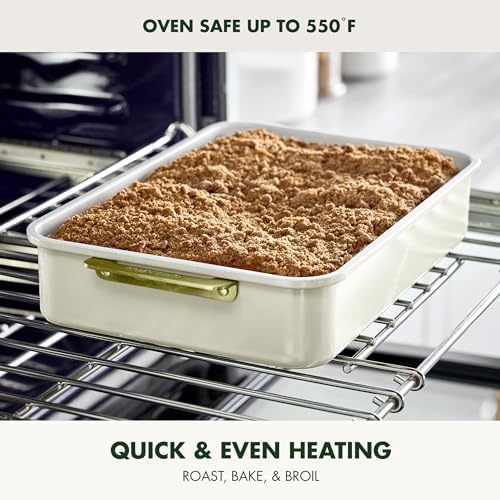 GreenPan Bakeware 13” x 9” Rectangular Cake Pan, Ceramic Nonstick Baking Pan, PFAS & BPA Free, Gold Handles, Durable Steel, Freezer to Oven Dish, Scratch Resistant, Bake & Roast Ovenware, Cream