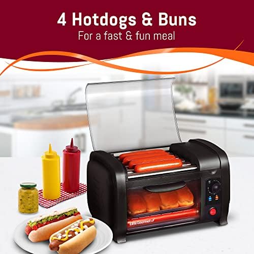 Elite Gourmet EHD-051B Hot Dog Toaster Oven, Steel Rollers, 4-Bun, Black