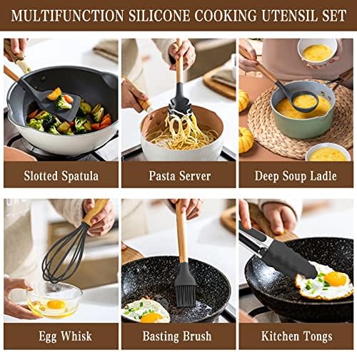 Umite Chef Kitchen Cooking Utensils Set, 33 pcs Non-stick Silicone Spatula Set with Holder, Woodle Handle Heat Resistant Gadgets Utensil (Gray)