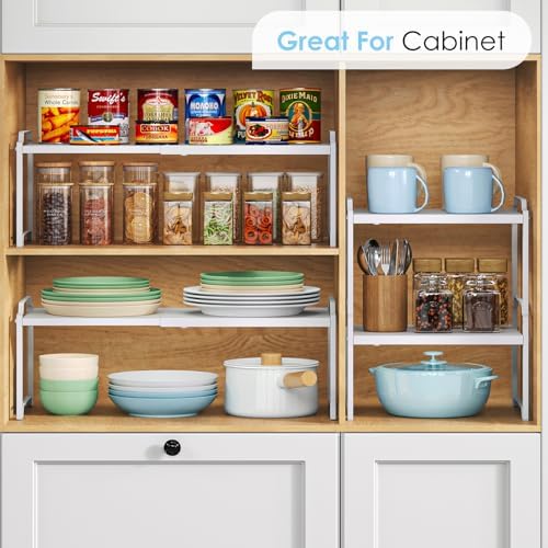 2 Pack 11” Depth Expandable Kitchen Cabinet Organizer Shelves, Heavy Duty Kitchen Countertop Organizers and Storage Rack, Stackable Metal Small Storage Shelf For Pantry Counter Cupboard Organization
