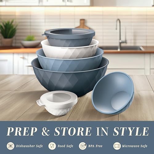 COOK WITH COLOR Mixing Bowls with Lids - 12 Piece Plastic Nesting Bowls Set includes 6 Prep Bowls and 6 Lids, Microwave Safe Mixing Bowl Set, Denim Diamond