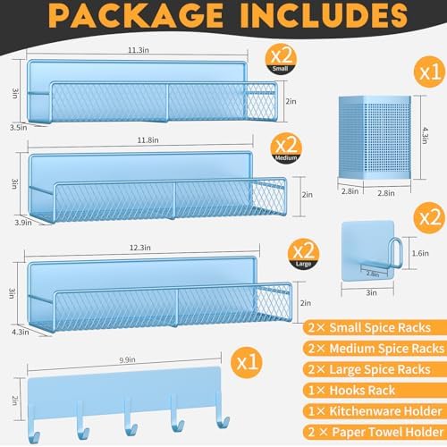 Magnetic Spice Rack for Refrigerator, 10 Pack Metal Magnetic Shelf, Moveable Spice Organizer with Hook Rack, Paper Towel Holder, Kitchenware Holder, Strong Magnetic Storage Fridge Organizer Blue